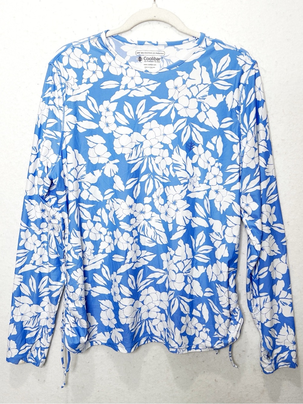 Coolibar XL UPF 50+ Long Sleeve Swim Top Blue White Floral Rash Guard Cinched